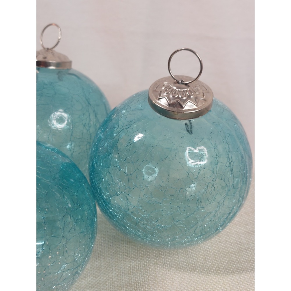 Set Of 3 Large Aqua Blue Crackle Glass Christmas Ornaments Coastal Beach 4" - Picture 12 of 15